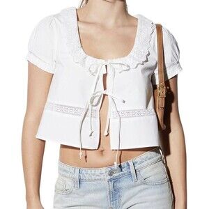 Pacsun LA Hearts NWT White Tie Front Cotton Blouse Crop Lace Boho Romantic Sz S
